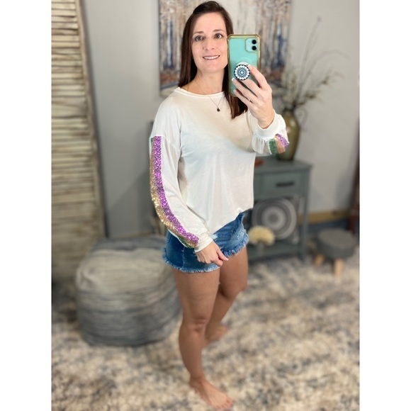 Mardi Gras Striped Sequined Color Block Long Sleeve Purple Green Gold Ivory 0522 - Picture 8 of 10